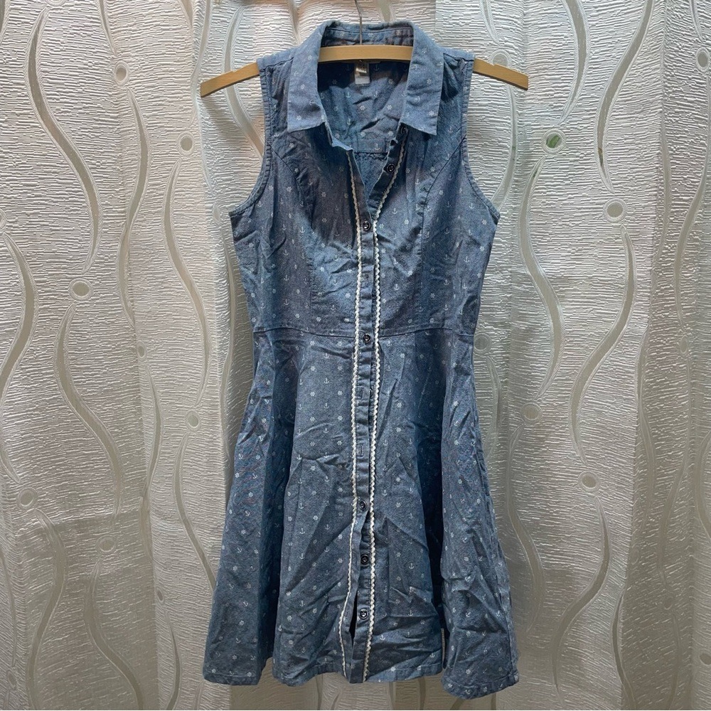 Yumi Nautical Chambray‎ Shirt Dress Womens US 0/2 Blue Anchor Print Excellent